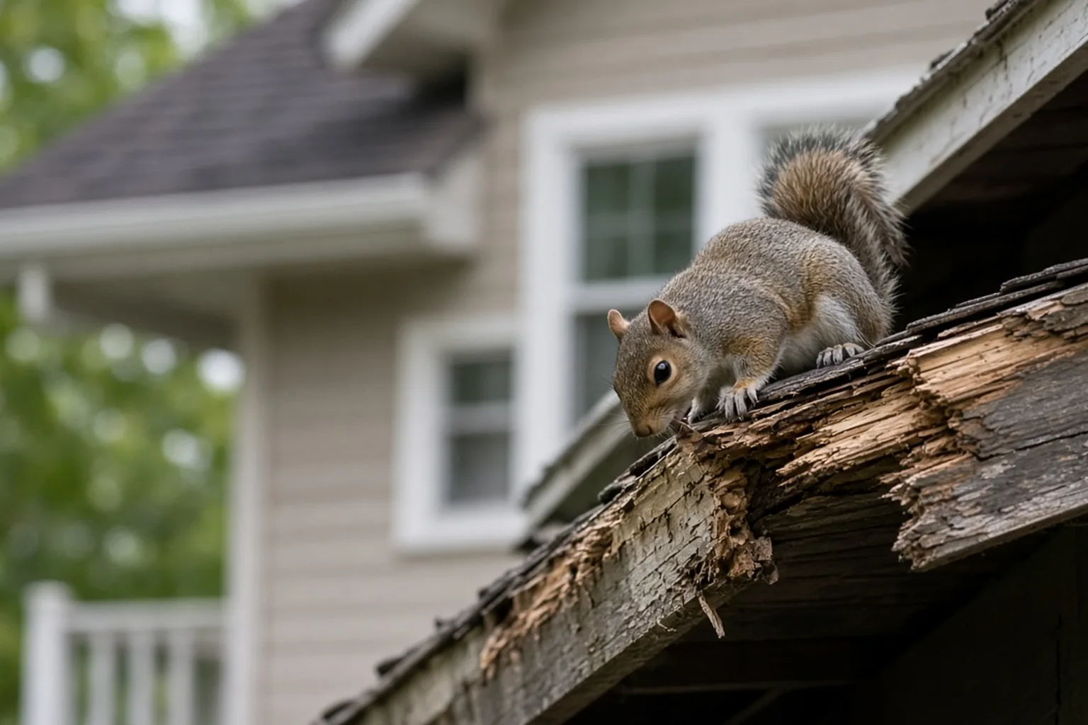 Squirrel at a chewed roof edge