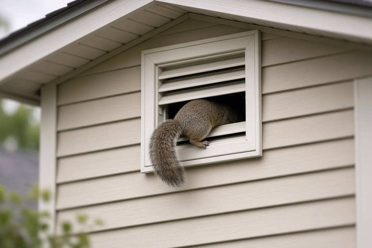 Squirrel entering a gable vent opening