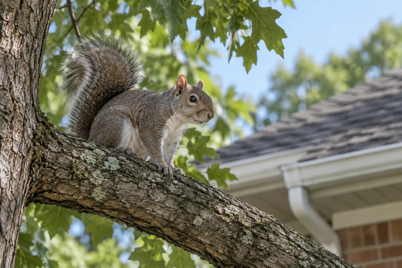 Squirrel on a branch near a roofline